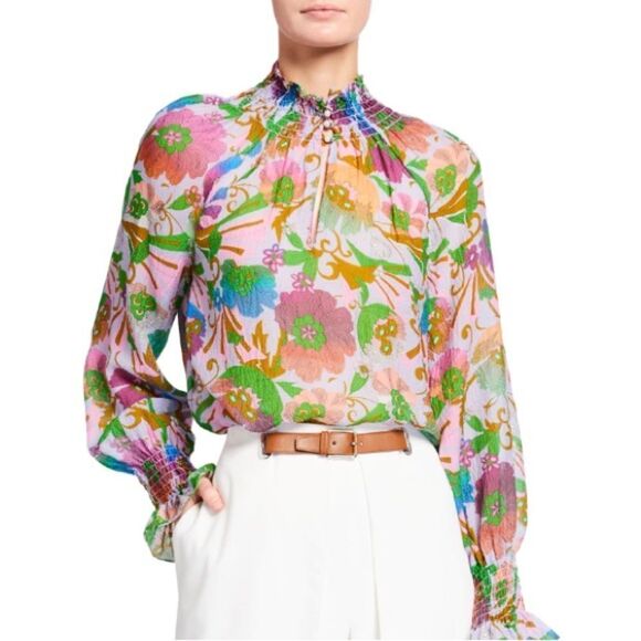 Tanya Taylor Alexis Top in Floral Print with Mock Neck, Size Medium - Picture 7 of 7